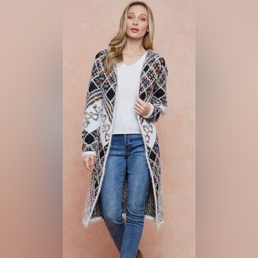 On Blue Aztec Long Hooded Cardigan Sweater Western Boho Eyelash Yarn